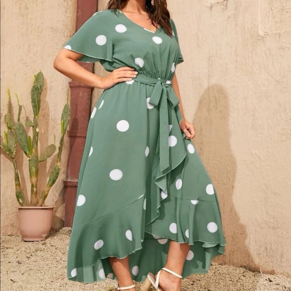 Polka dot wrap hem belted maxi dress - Picture 2 of 15